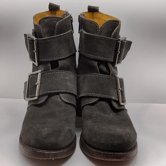 Frye Sabrina Double Buckle Grey Leather Boots l Side Zipper l Size 9 M l - Picture 2 of 11